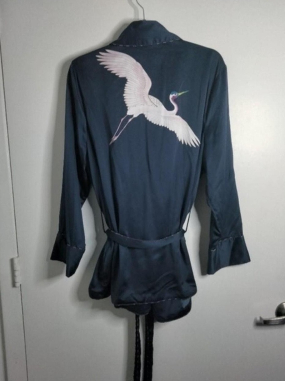 GAP Navy Satin Robe with Pink Crane Embroidery